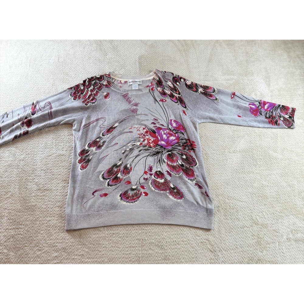 Cathy Daniels Floral Feather Rhinestone Knit Sweater Grey Purple XL Womens